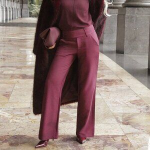 Maroon Elegant Women's Waist Button Design Pocket Casual Pants
